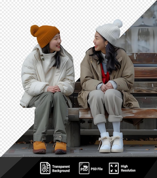 PSD two girls talking sitting on city bench one wearing a white hat and gray pants the other with long black hair and a white sock while a hand rests on the bench png