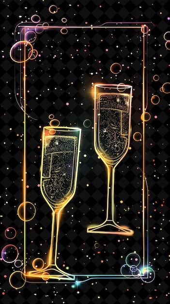 PSD due bicchieri di champagne con bolle scintillanti su uno sfondo nero