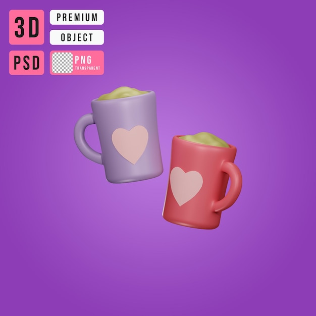 PSD Два стакана, полные 3d иллюстрации этикетки сердца