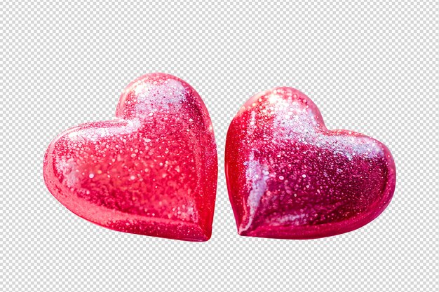 Two glitter hearts with happy valentines day lettering on white