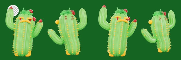 Two green cactuses with green eyes and a red flower on the top.