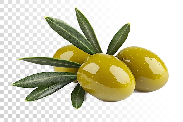 two green olives with olive leaves on transparent background