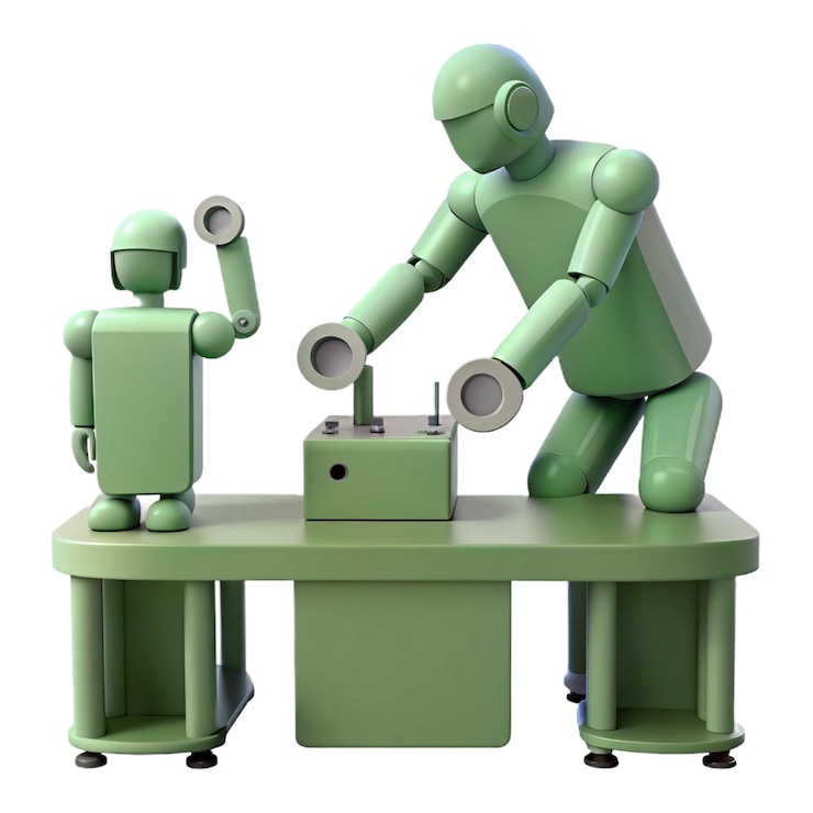 PSD two green robot figurines are on a table one of which is green