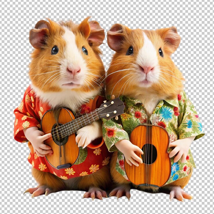 PSD two guinea pigs with orange fur wearing colorful tshirt holding gitar isolated transparent background