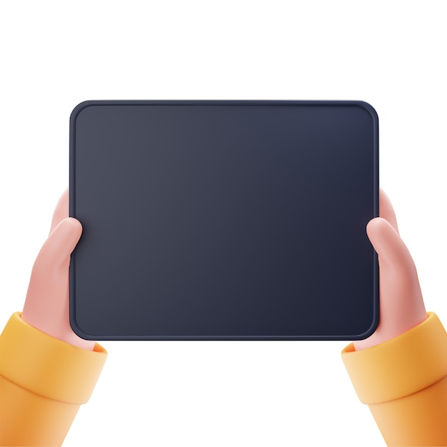PSD 장치 모형을 위한 수평 태블릿 3d 아이콘을 들고 있는 두 손