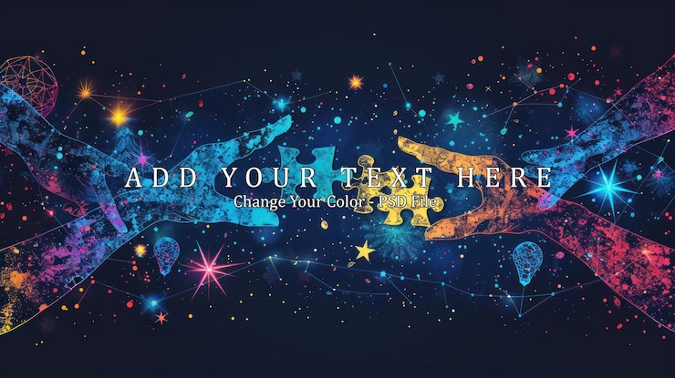 PSD two hands connecting a puzzle piece in a cosmic setting