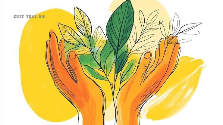 PSD two hands gently cradling a small plant with vibrant green and white leaves against a yellow background