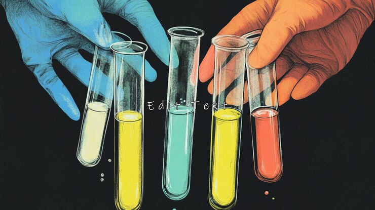 PSD two hands in gloves holding test tubes with colorful liquids