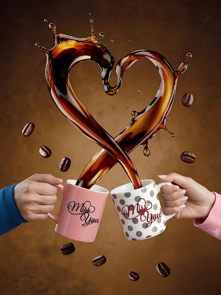 PSD two hands holding coffee mugs with the words i love you on it mockup