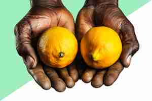 PSD two hands holding two oranges in front of a white background