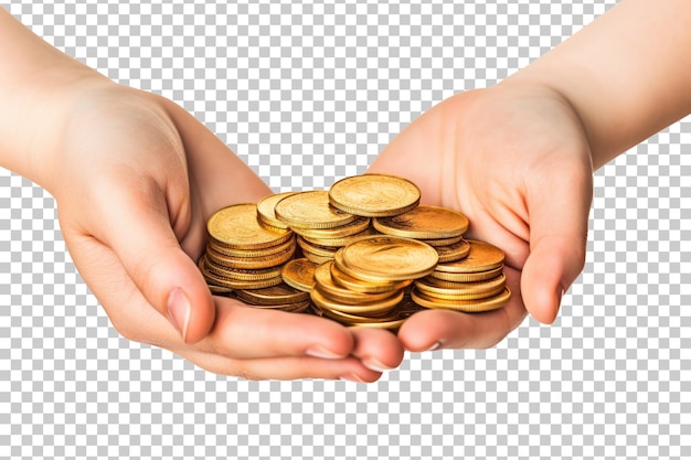 PSD two hands with gold coins isolated on transparent background