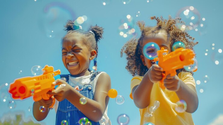 PSD two happy girls playing with bubble guns outdoors on a sunny day