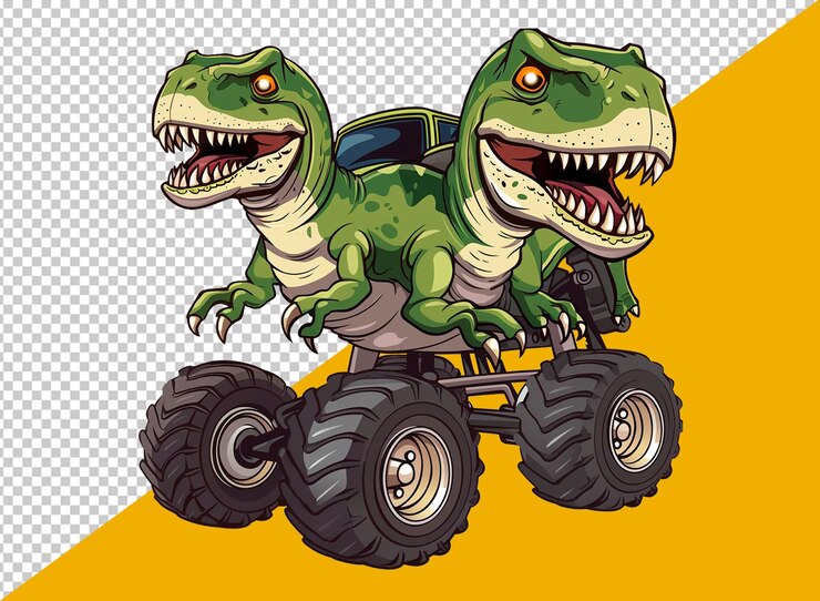 PSD two-headed dinosaur monster truck cartoon