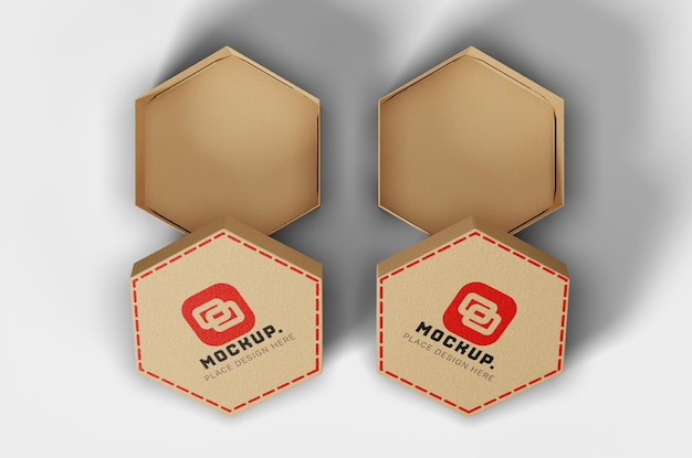 Two Hexagon Cardboard Packaging Mockup Top View Opened