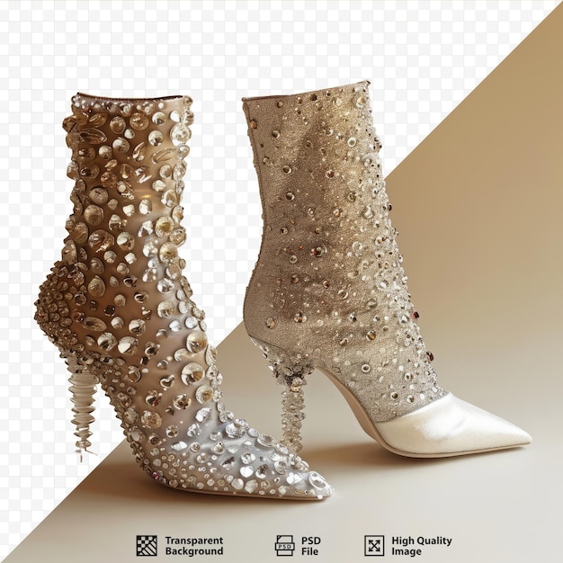 Two high fashion ankle evening boots decorated with stones and with glass high heels isolated on beige studio shot