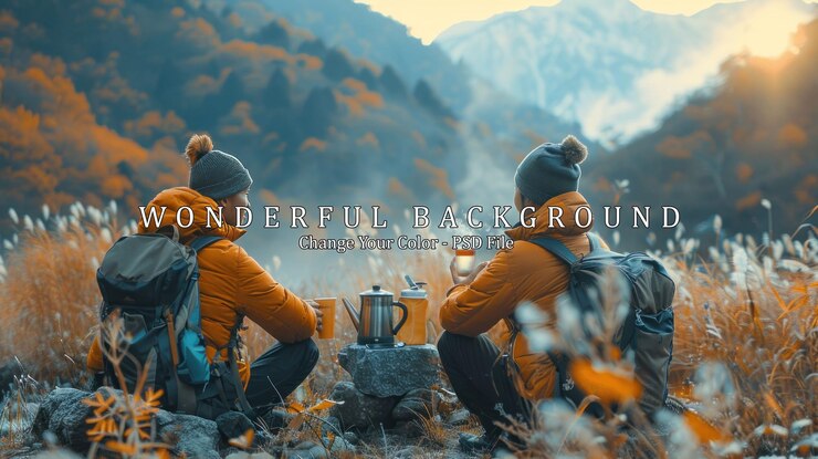 PSD 兩個徒步旅行者享受溫暖的飲料和山景