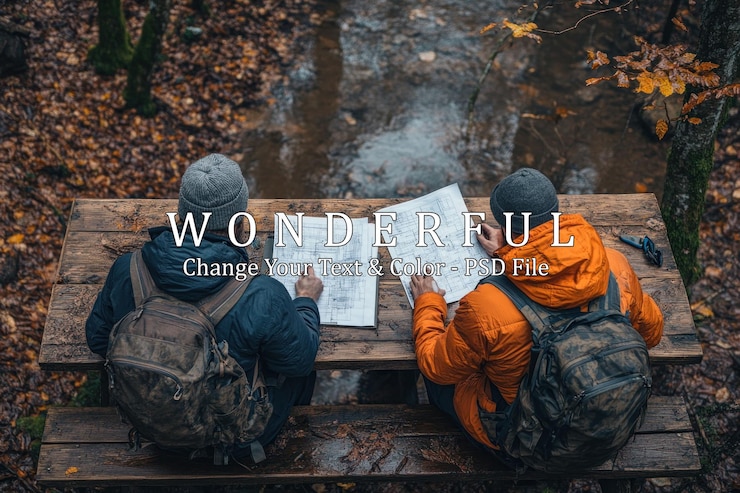 PSD two hikers sitting on a wooden bench in a forest looking at a map