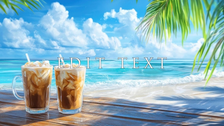PSD 海の景色のビーチテーブルに2つのアイスコーヒー