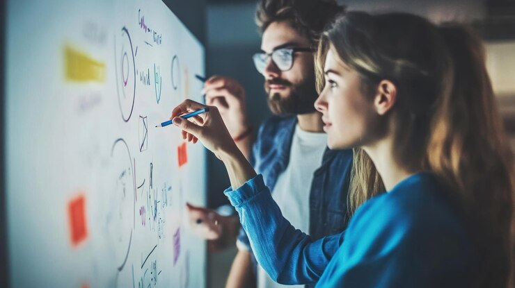 PSD two individuals collaborating on a whiteboard