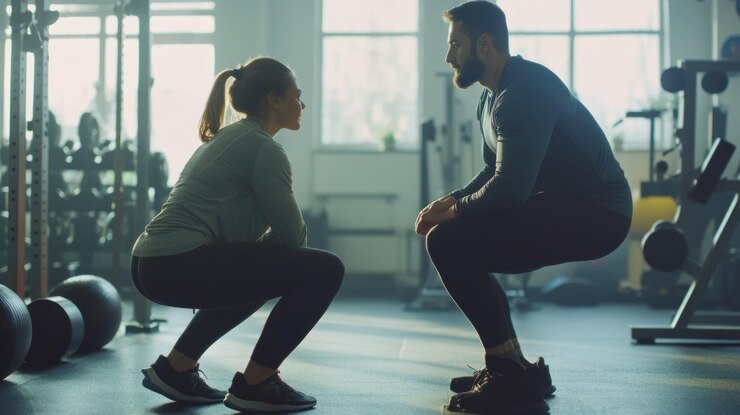 PSD two individuals performing squats in a gym