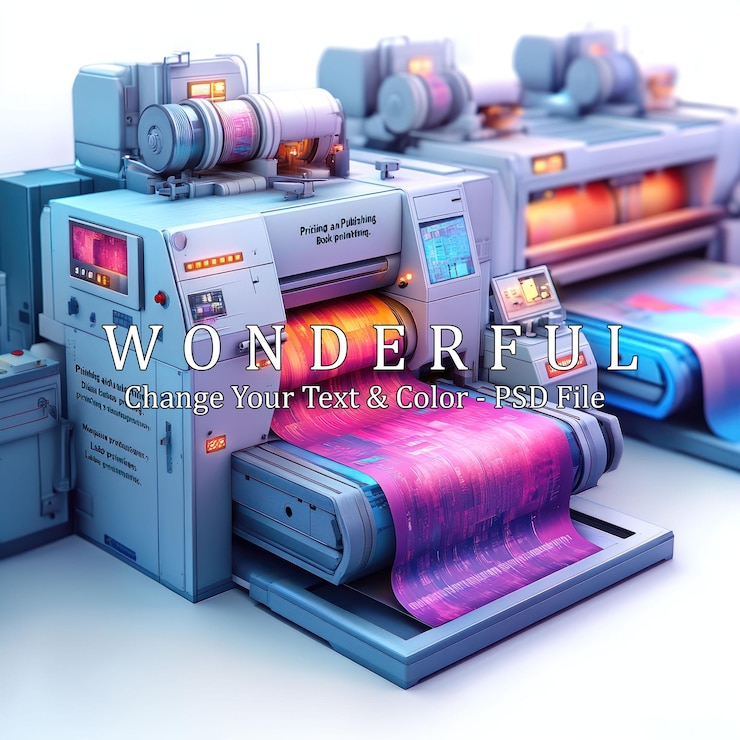 PSD two industrial printing machines with a colorful fabric running through them