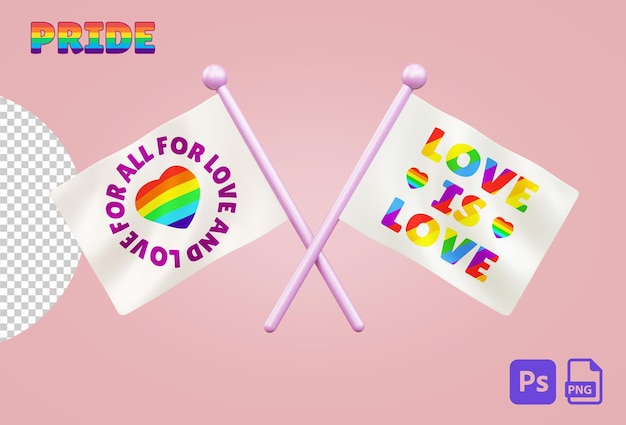 Two isolated flags on a transparent background for LGBTQIA Pride celebration in 3D illustration