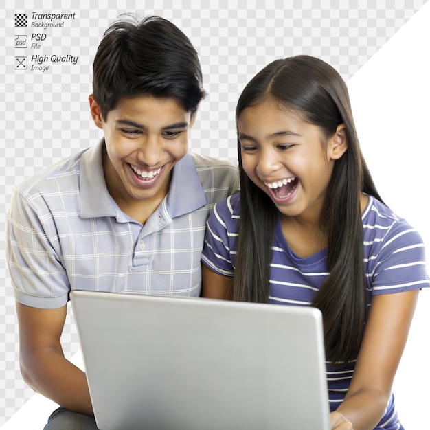 Two joyful siblings laughing and sharing a laptop moment