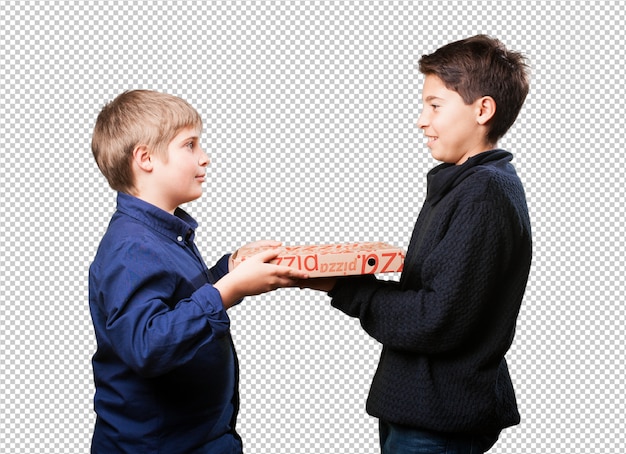 Two kids friends holding pizzas