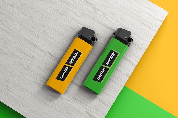 Two lighters on wooden surface mockup