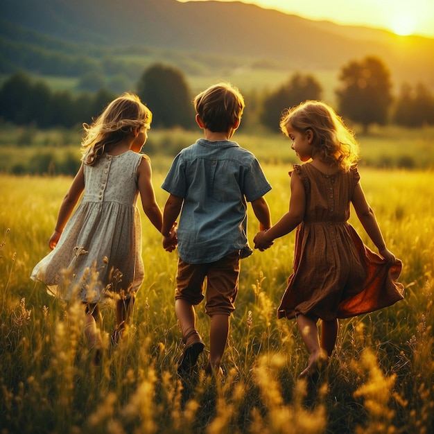 PSD two little boys and girl playing in the meadow at sunset