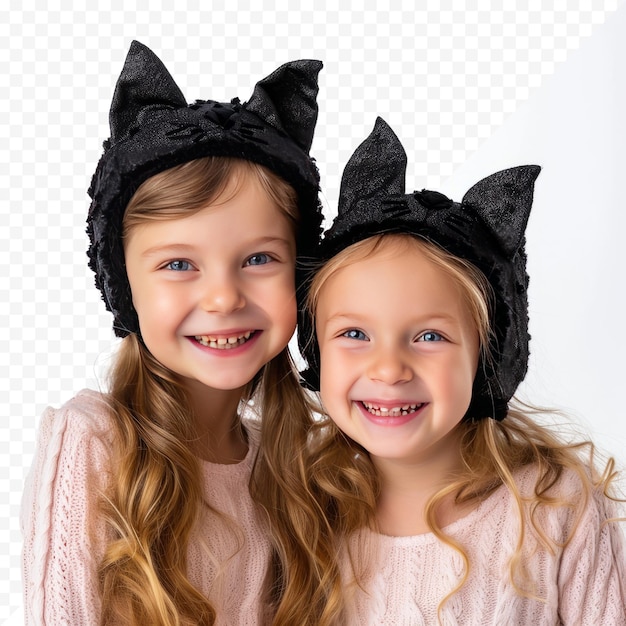 Due ragazzine sorridenti con orecchie di gatto sulla testa in posa su uno sfondo bianco isolato i bambini ritraggono piccoli gattini ritratto di bambini isolato su sfondo bianco isolato felice ridendo ch