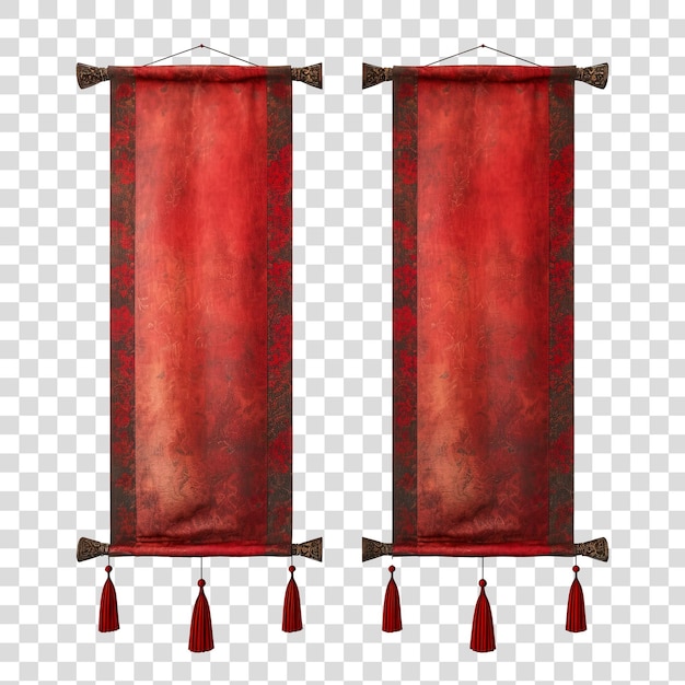 PSD two long red chinese scrolls opened isolated on transparent background png