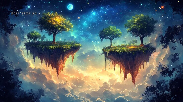 PSD two lush green islands float amidst a vibrant starry night sky illuminated by celestial bodies and soft light
