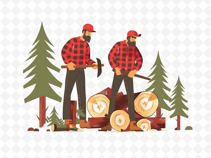 PSD two men in plaid shirts stand in front of a forest with trees