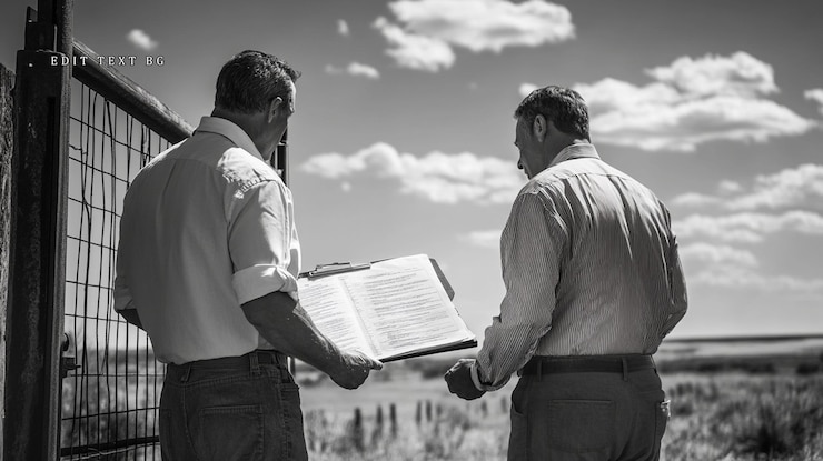 PSD two men reviewing documents outdoors near a fence