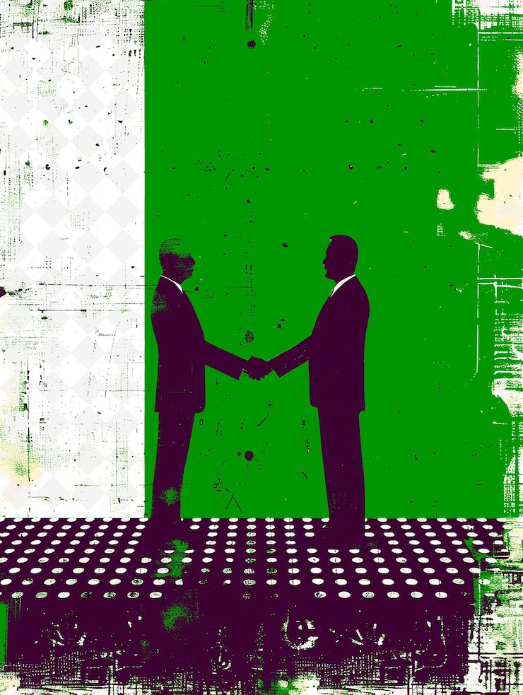 PSD two men shaking hands in front of a green wall