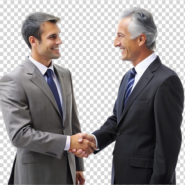 Two men in suits shaking hands on transparent background