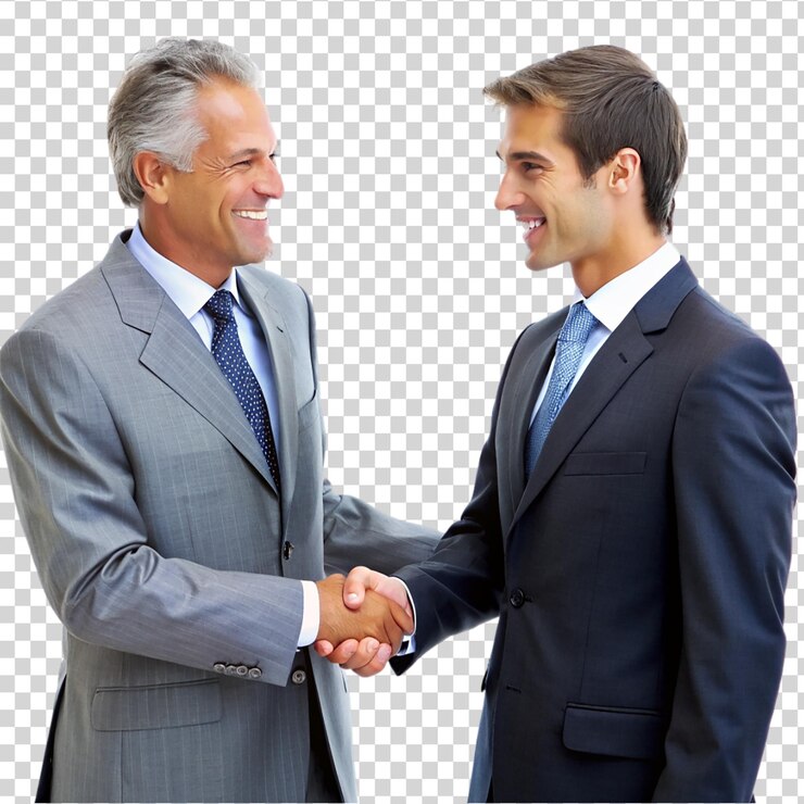 PSD two men in suits shaking hands on transparent background