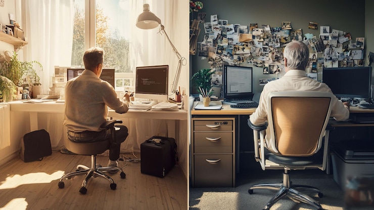 PSD two men working from home sidebyside in separate home offices looking at computer screens