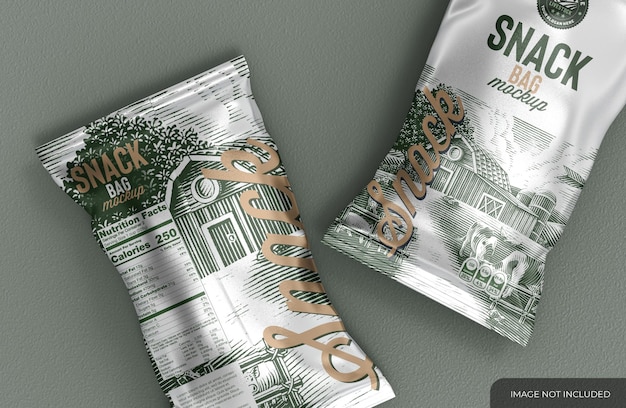 Two metallic snack bag mockup