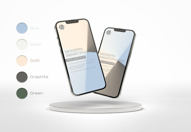 Two mobile phone isolated on podium Mockup