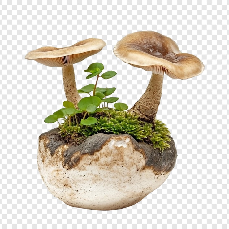 PSD two mushrooms growing from a mossy rock a unique nature scene