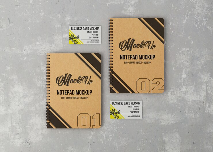 PSD two notebooks and business cards top view mockup