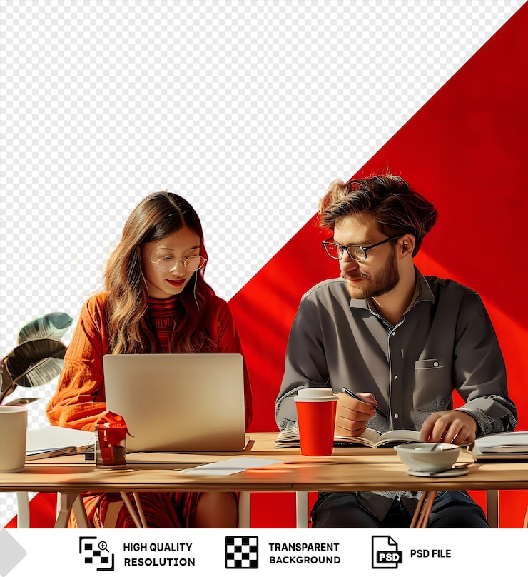 PSD two office workers focused on their work at a wooden table surrounded by a red wall one worker wears black glasses and has long brown hair while the other wears a gray sweater and png psd