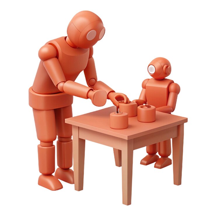 PSD two orange robots playing with a table and one with a man in a gas mask