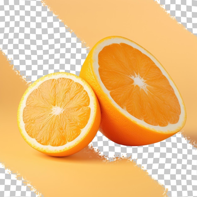 two oranges cut in half on a checkered background.