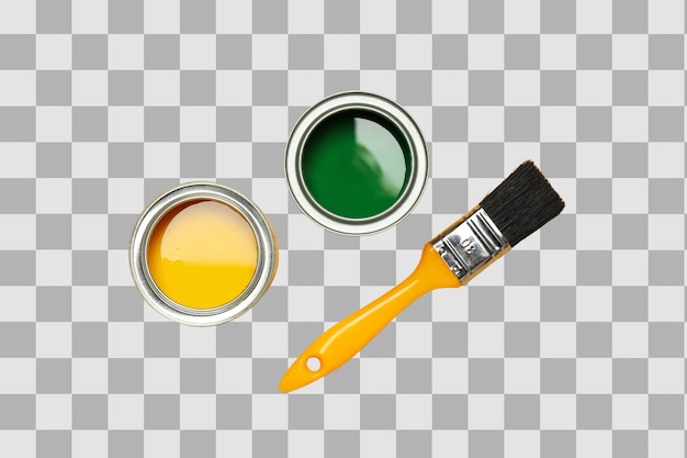 two paint cans containing yellow and green paint isolated on white png
