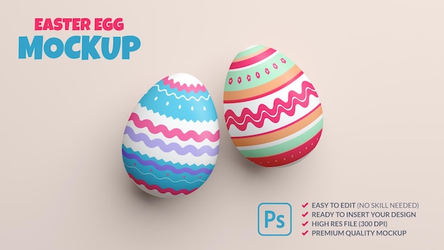 PSD two painted easter eggs mockup in 3d rendering