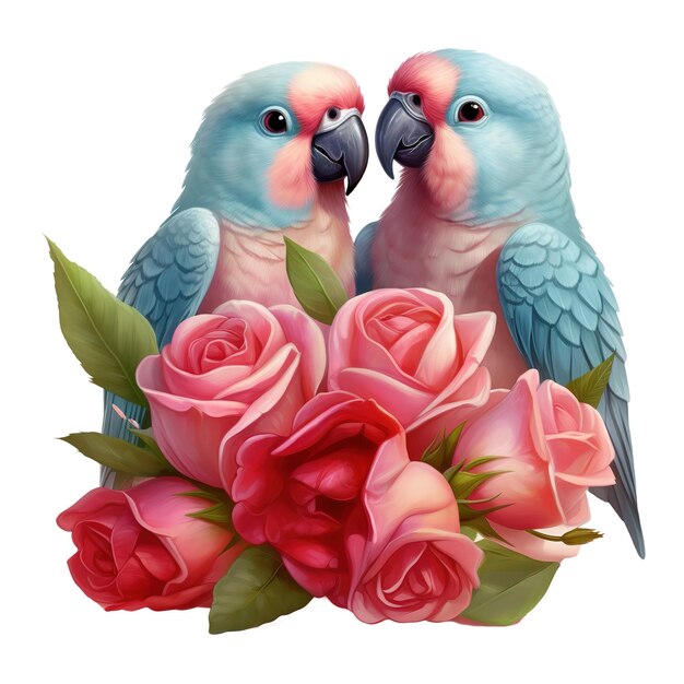 PSD two parakeets with roses ai generated image