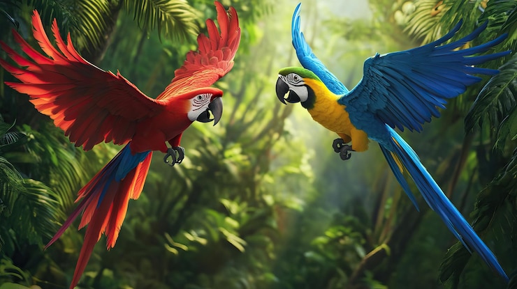 PSD two parrots in flight
